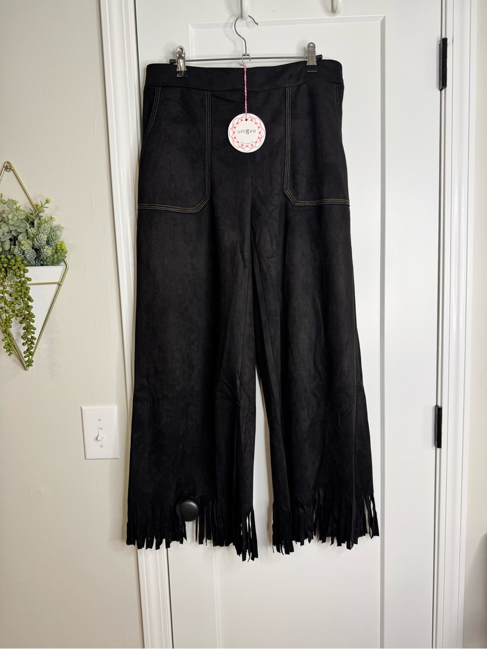 Umgee Faux Suede Wide Leg Pants w/Fringe Hem